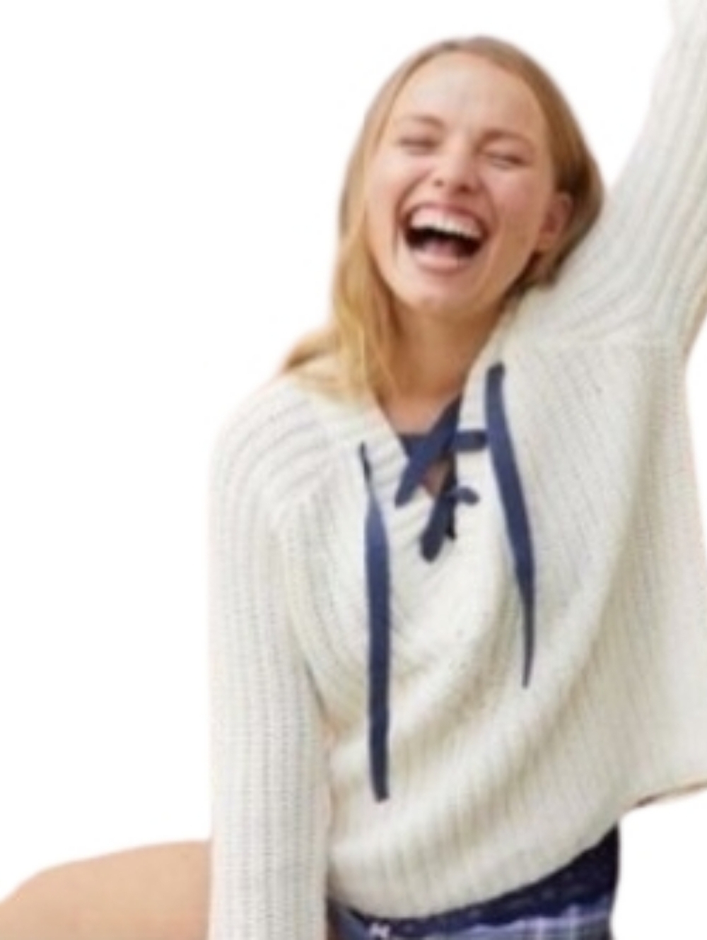 aerie Cream Lace-Up V-Neck Sweater With Navy Ties Size M Super Soft Boxy Fit